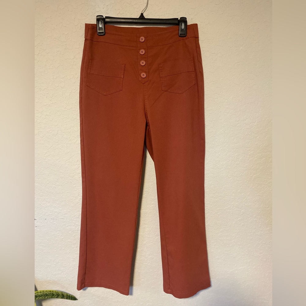 Straight Leg Rust Women's Pants with Button Front